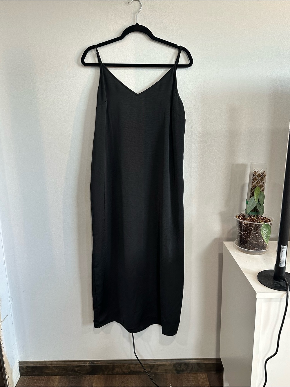 A New Day Black Satin Slip Maxi Dress Size L V-Neck adjustable Spaghetti Strap
